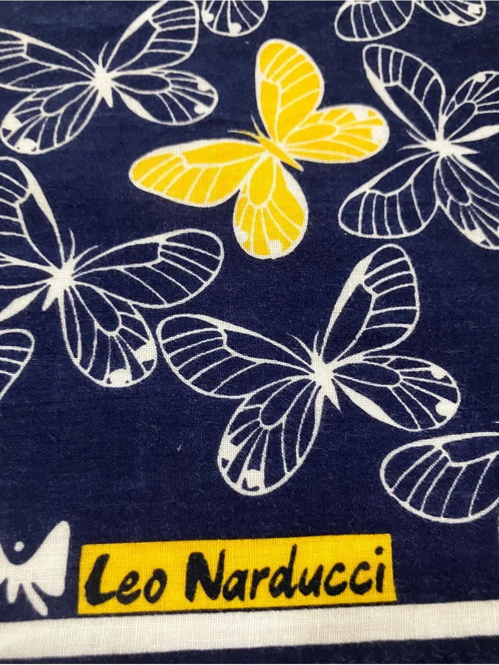 1970's Navy Butterfly Print Scarf with Yellow Accents